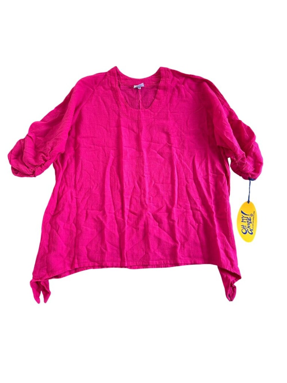 Oh My Gauze! Womens Sz 3 Hot Pink Asymmetrical Cotton Top With Ruched Sleeves